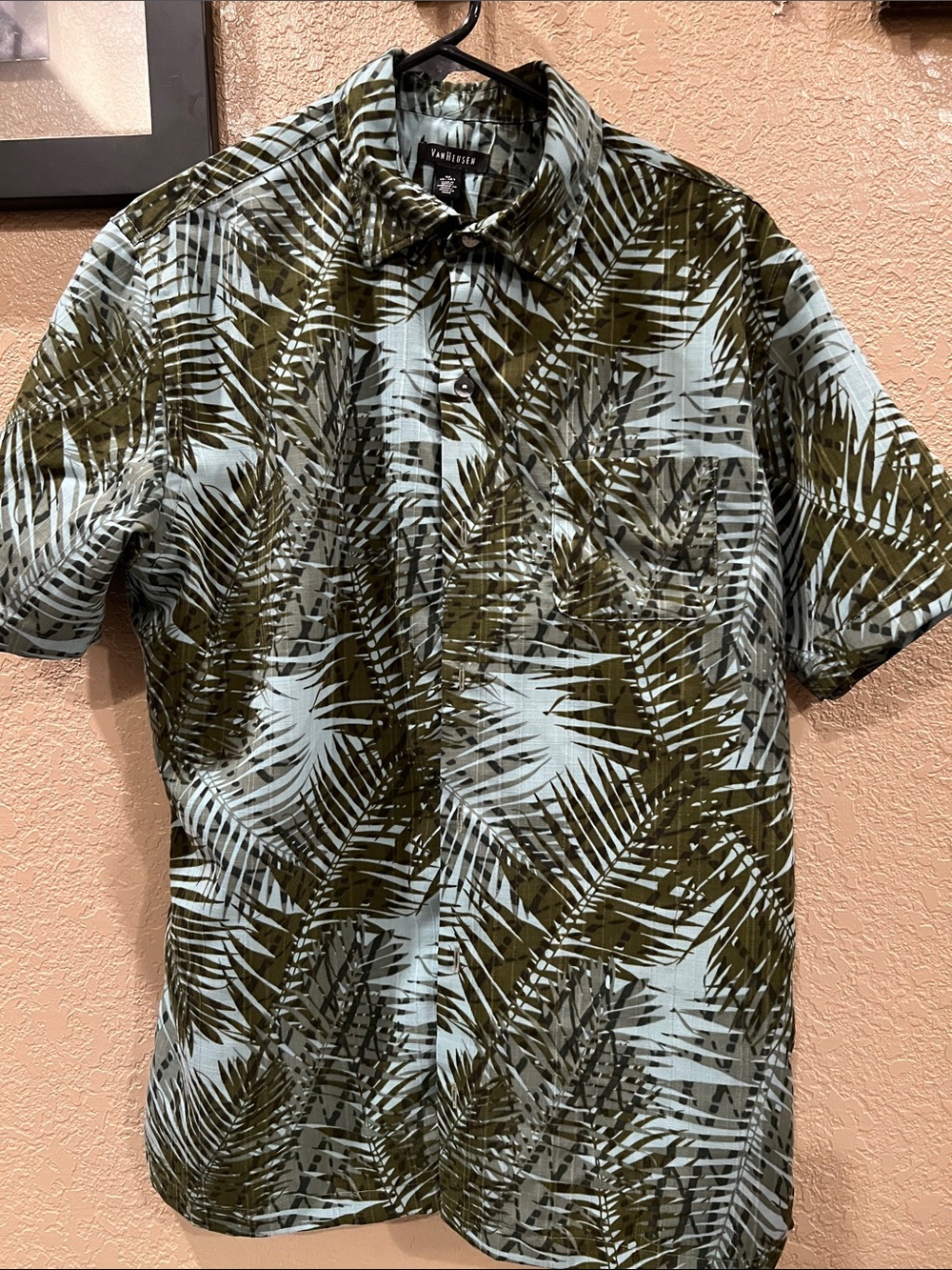 Van Heusen Olive and Light Blue Palm-Print Short Sleeve Shirt